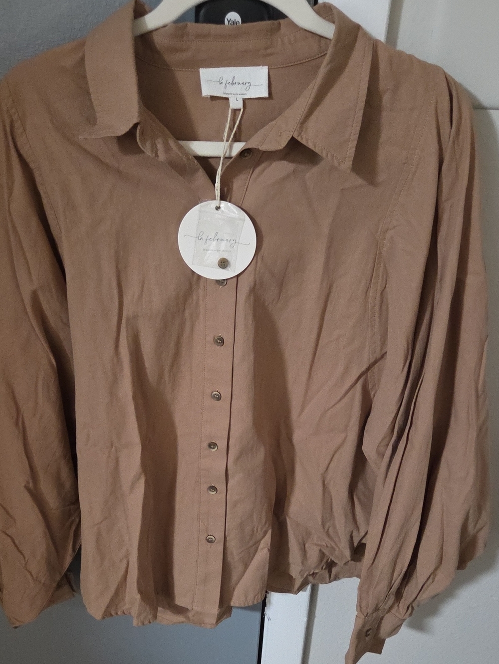 Linen blend button-down blouse, by February, size L, camel/tan color
